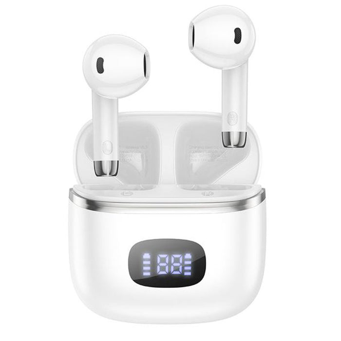 Wireless earbuds with charging case on a white background