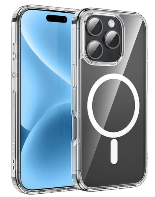 Clear phone case with a magnifying glass design on a white background