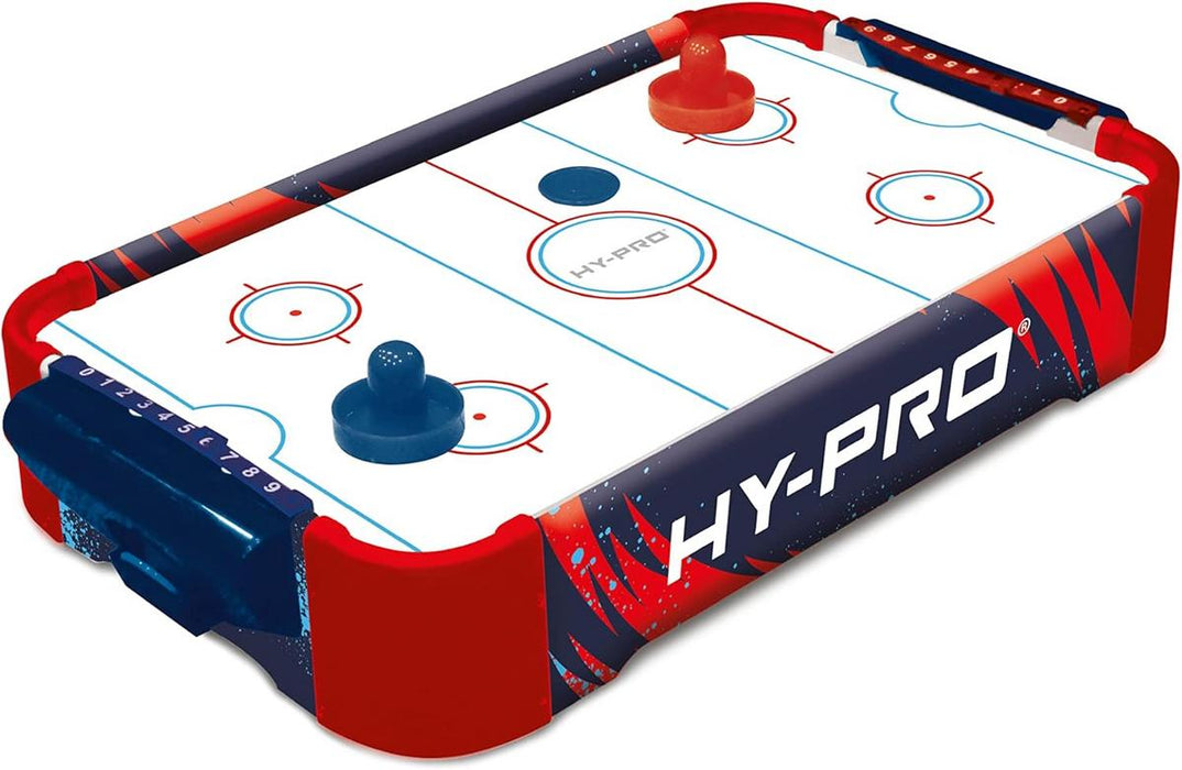 Hy-Pro air hockey table with red and blue design on a white background