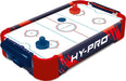 Hy-Pro air hockey table with red and blue design on a white background