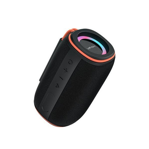 Black portable speaker with colorful LED lighting on a white background