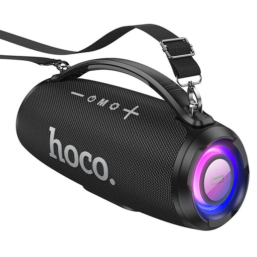 Black portable speaker with colorful LED lights and 'hoco.' branding on a white background