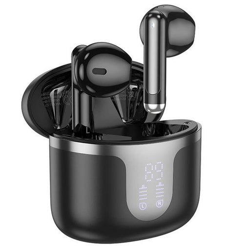 Black wireless earbuds with charging case on a white background