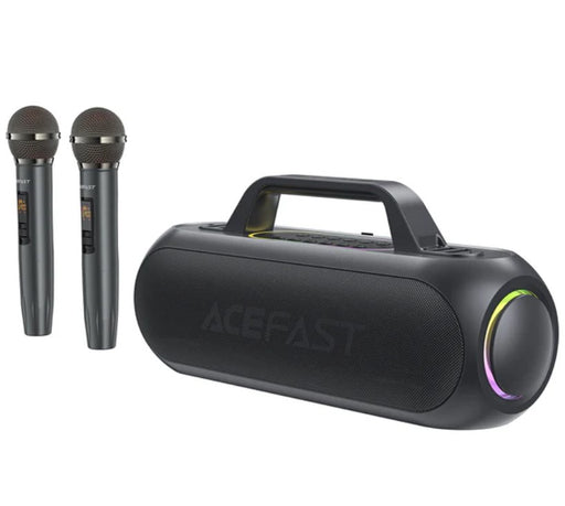 Black portable speaker with handle and two wireless microphones on a white background, featuring the brand 'ACEFAST'.
