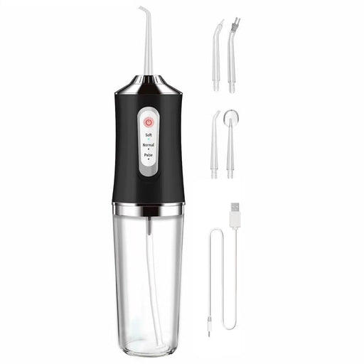 Black dental water flosser with various nozzles on a white background