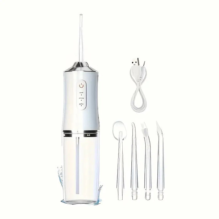 White dental water flosser with attachments on a white background