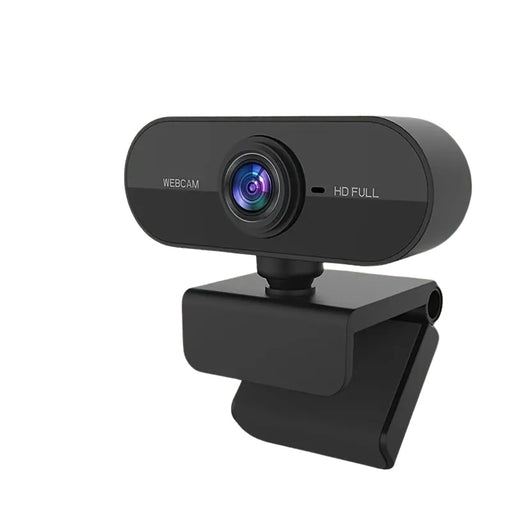 Black webcam with a clip on a white background