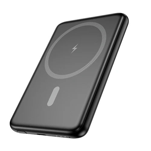 Black wireless charging pad with a lightning bolt symbol on a white background
