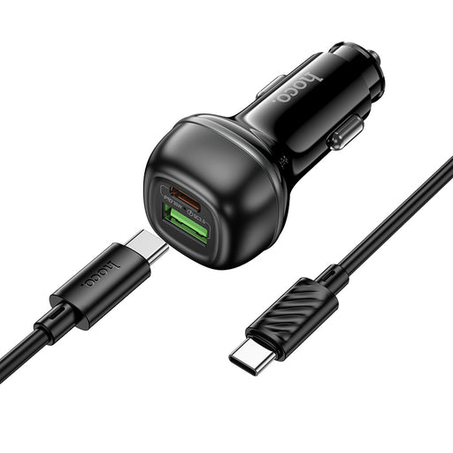 Black car charger with USB-C cable on a white background