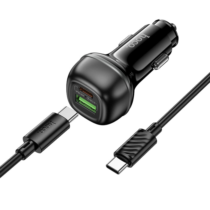 Black car charger with USB-C cable on a white background