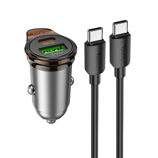 Car charger with dual USB ports and a USB-C cable on a white background