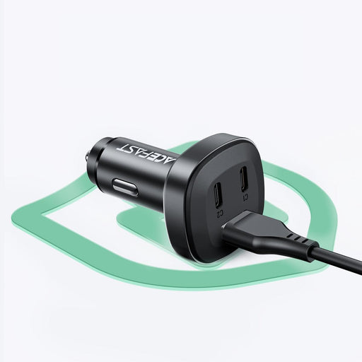 Black car charger with multiple ports on a light gray background