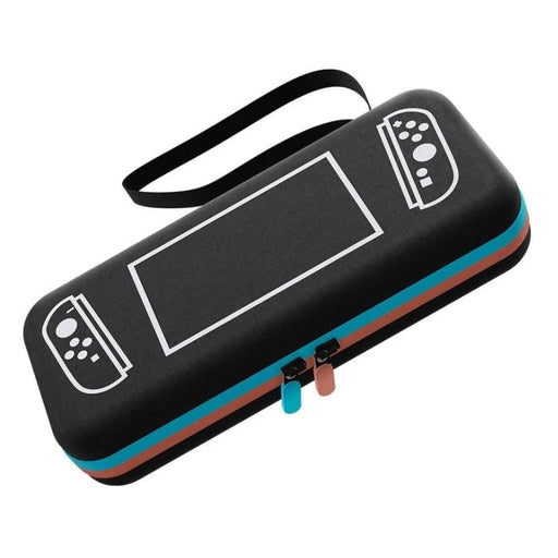 Black carrying case with white illustrations of a gaming console on a white background
