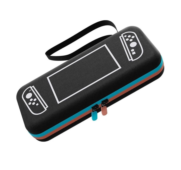 Black carrying case with white illustrations of a gaming console on a white background