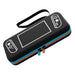 Black carrying case with white illustrations of a gaming console on a white background