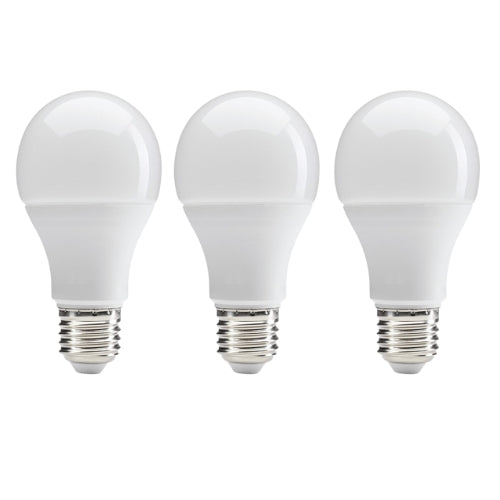 Three white LED light bulbs on a white background