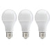 Three white LED light bulbs on a white background