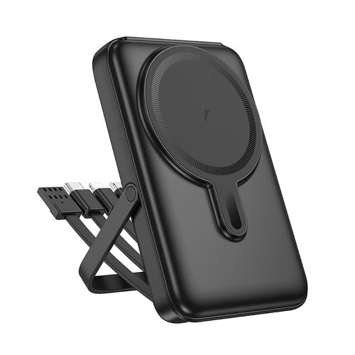 Black multi-device charging stand with wireless charging pad on a white background
