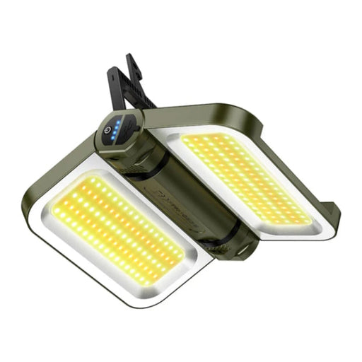 Two portable flood lights with yellow LED lights on a white background