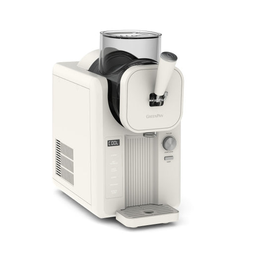 White ice cream machine with a clear container on a white background