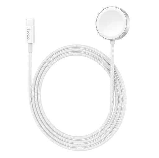 White charging cable with round connector on a white background