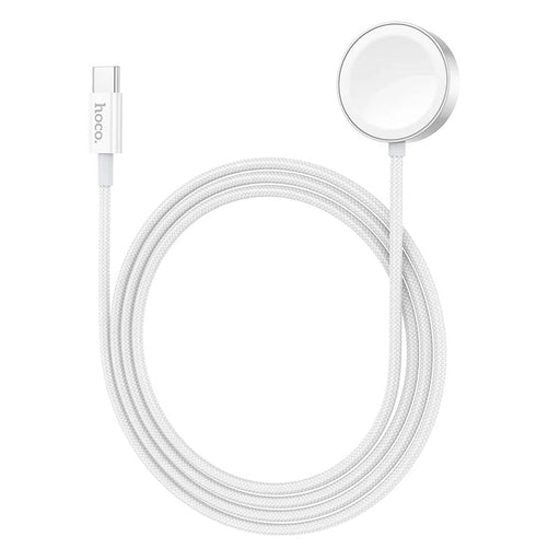 White charging cable with round connector on a white background