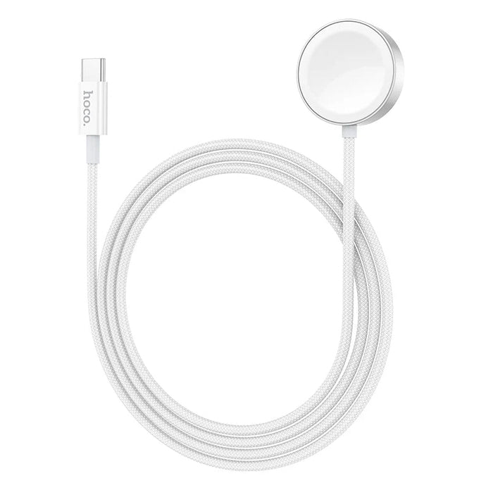 White charging cable with round connector on a white background