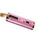 Pink hair curler with text highlighting features on a white background