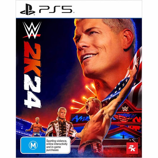 WWE 2K24 game cover for PS5 with a wrestler holding an American flag, featuring the WWE logo and 2K branding.