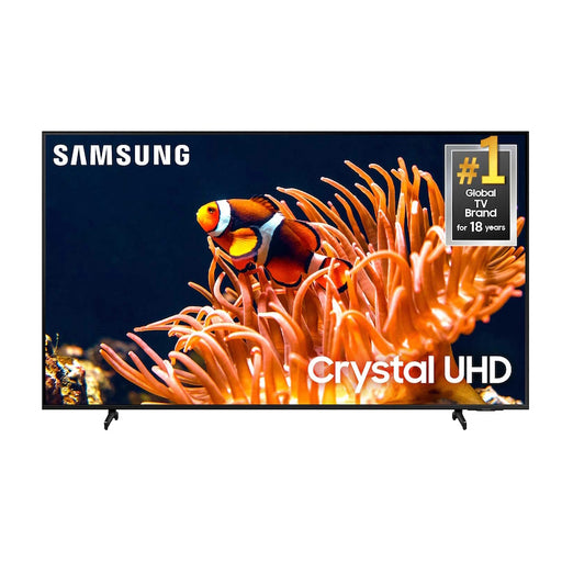 Samsung Crystal UHD TV displaying a clownfish on an anemone with brand logo and certification badge.