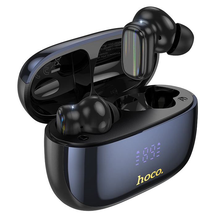 Black wireless earbuds in a charging case with 'hoco.' branding on a white background