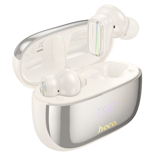White wireless earbuds with charging case on a white background, featuring the brand 'hoco'.