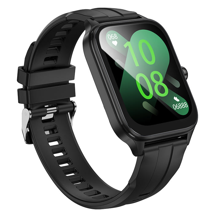 Black smartwatch with a green display on a white background