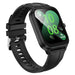 Black smartwatch with a green display on a white background