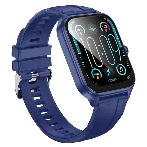 Blue smartwatch with a colorful display on a white background