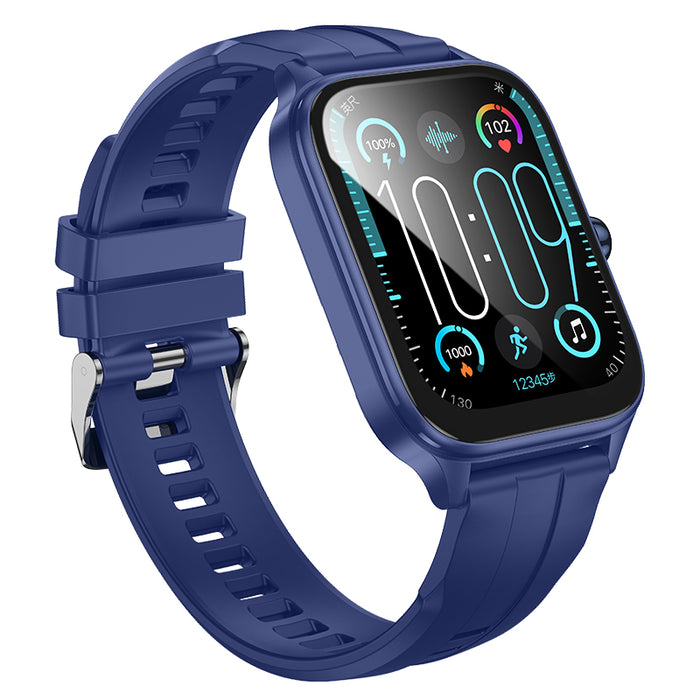 Blue smartwatch with a colorful display on a white background
