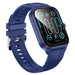 Blue smartwatch with a colorful display on a white background