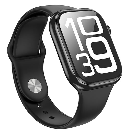 Black smartwatch with digital display on a white background