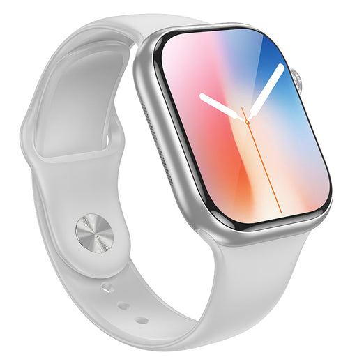 White smartwatch with a colorful display on a white background