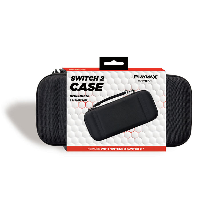 Black gaming case with packaging labeled 'Switch 2 Case' by Playmax on a white background