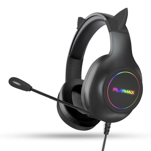Black gaming headset with cat ear design and Playmax logo on a white background