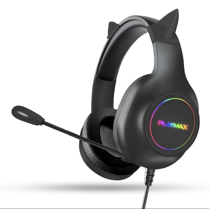 Black gaming headset with cat ear design and Playmax logo on a white background