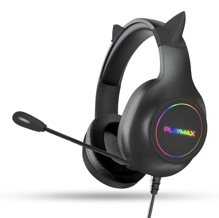 Black gaming headset with cat ear design and Playmax logo on a white background