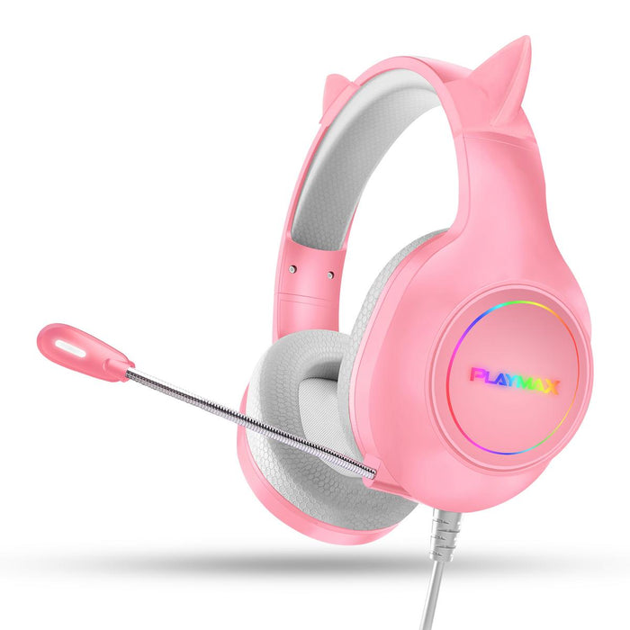 Pink headphones with cat ears and rainbow logo on a white background