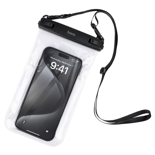 Clear phone pouch with black strap holding a smartphone on a white background