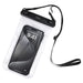 Clear phone pouch with black strap holding a smartphone on a white background