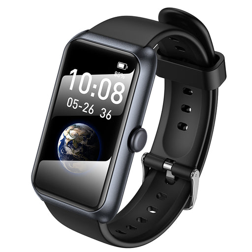 Black smartwatch with a display showing time and date on a white background