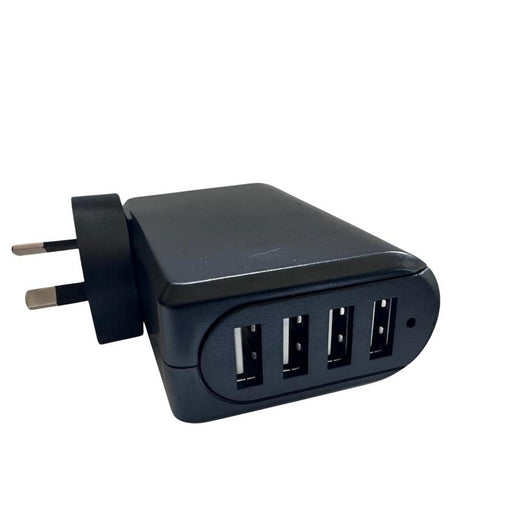Black multi-port USB charger on a white background