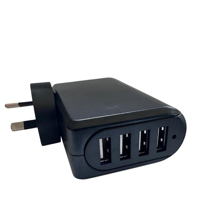 Black multi-port USB charger on a white background