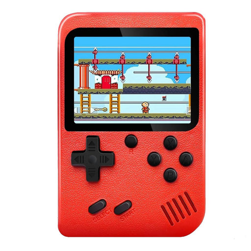 Red handheld game console with a classic game displayed on the screen.